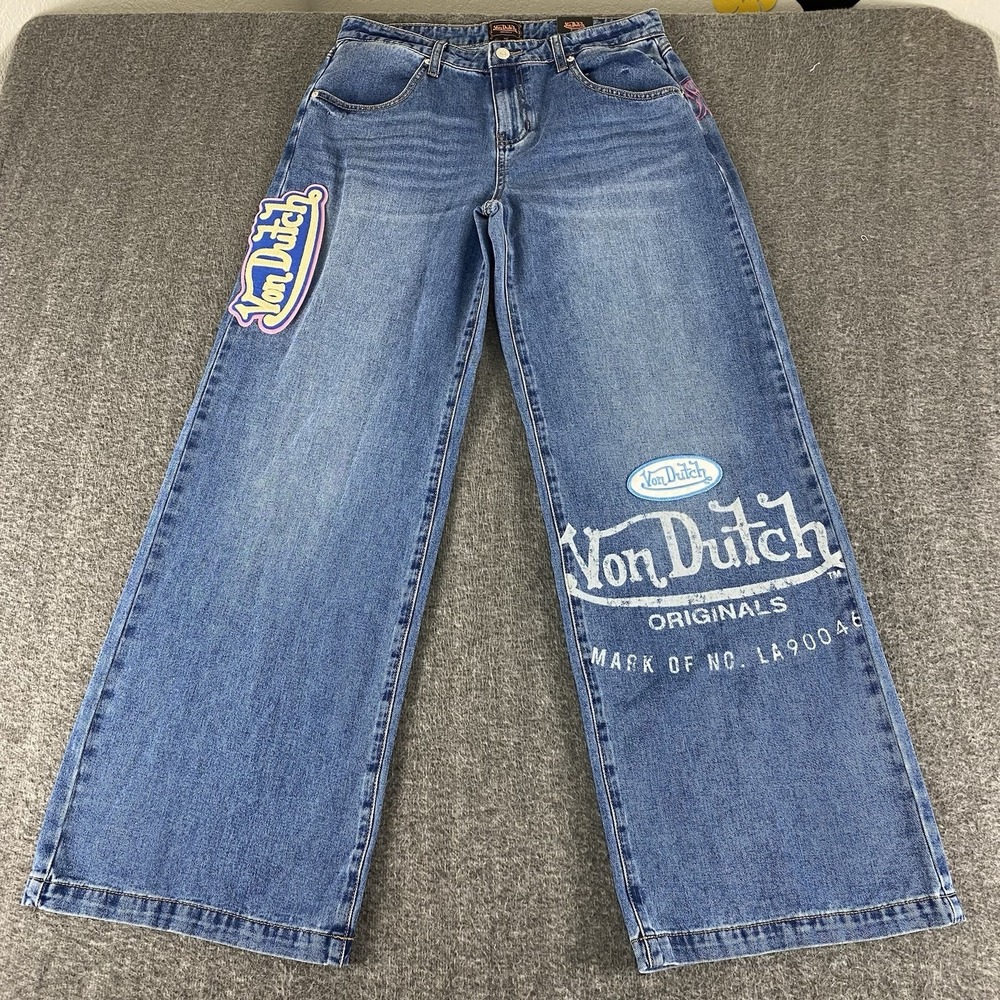 Von Dutch Originals NWT Wide Leg Jeans Womens 29 Y2K Graphic Vintage Dust Wash